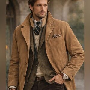 Vtg Giorgio Armani Tan Camel Car Coat Tweed Layer M Button Zip Stand Up Collar